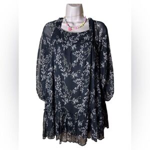 Millibon Black Dress  pink green brown Floral pattern Sheer Layer Tieback Ruffle